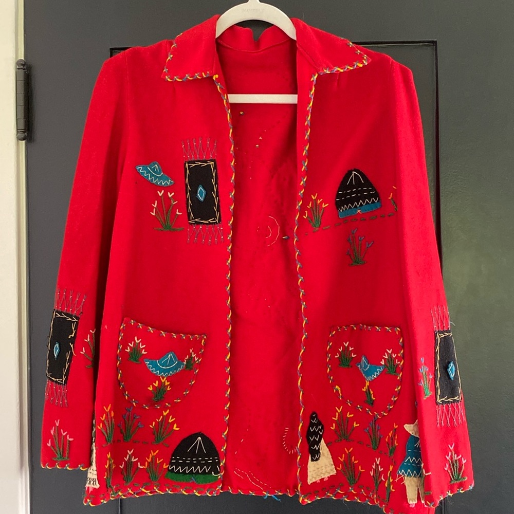 Women’s Red Hand Embroidered Mexico Jacket Sz M